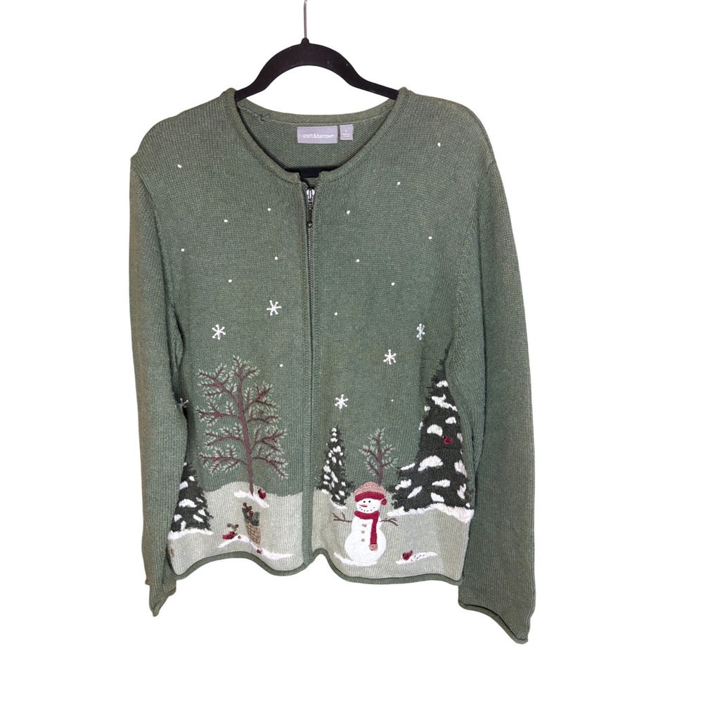Croft & Barrow Womens vintage Large Green Snowman Christmas Zip Up sweater